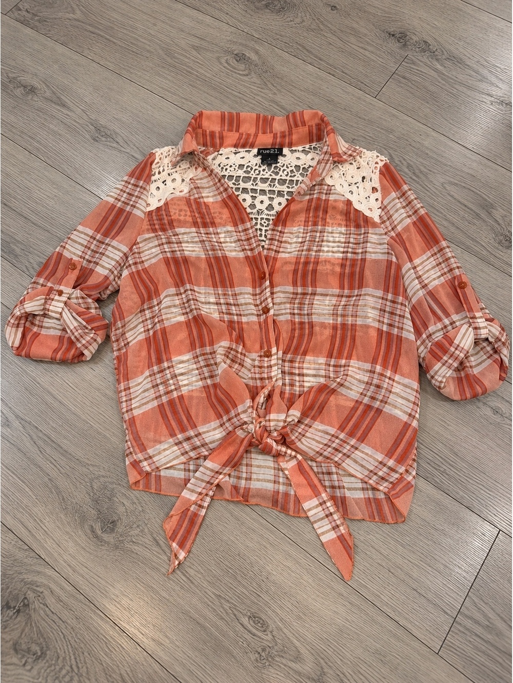 Rue21 Women's Medium Coral Plaid Crochet Lace Back Tie Front Button Shirt